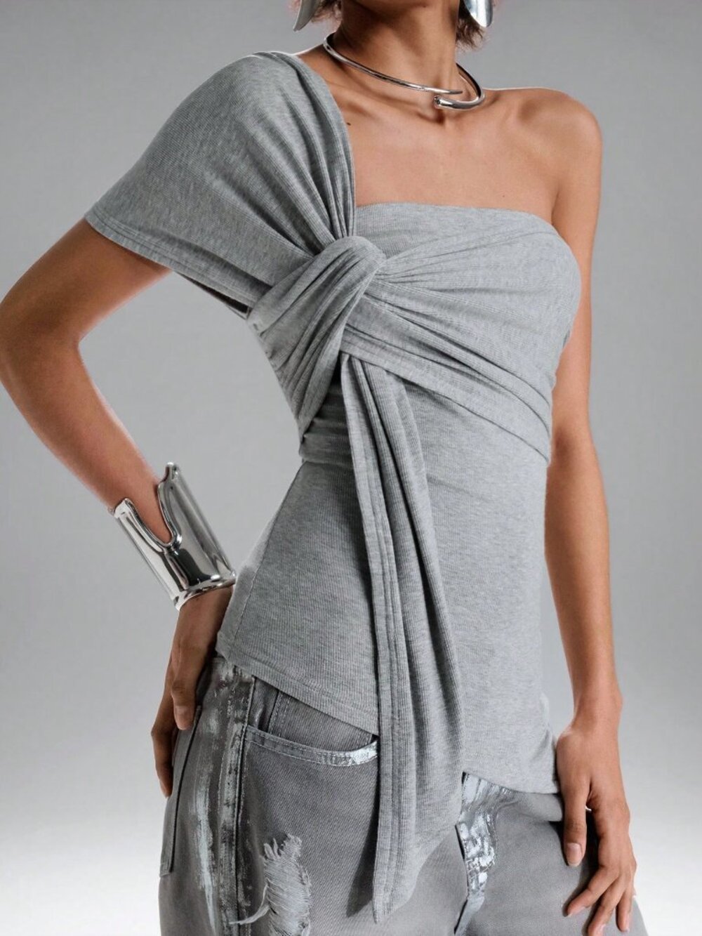 Grey Casual Women's Asymmetric One Shoulder Knot Drape Top